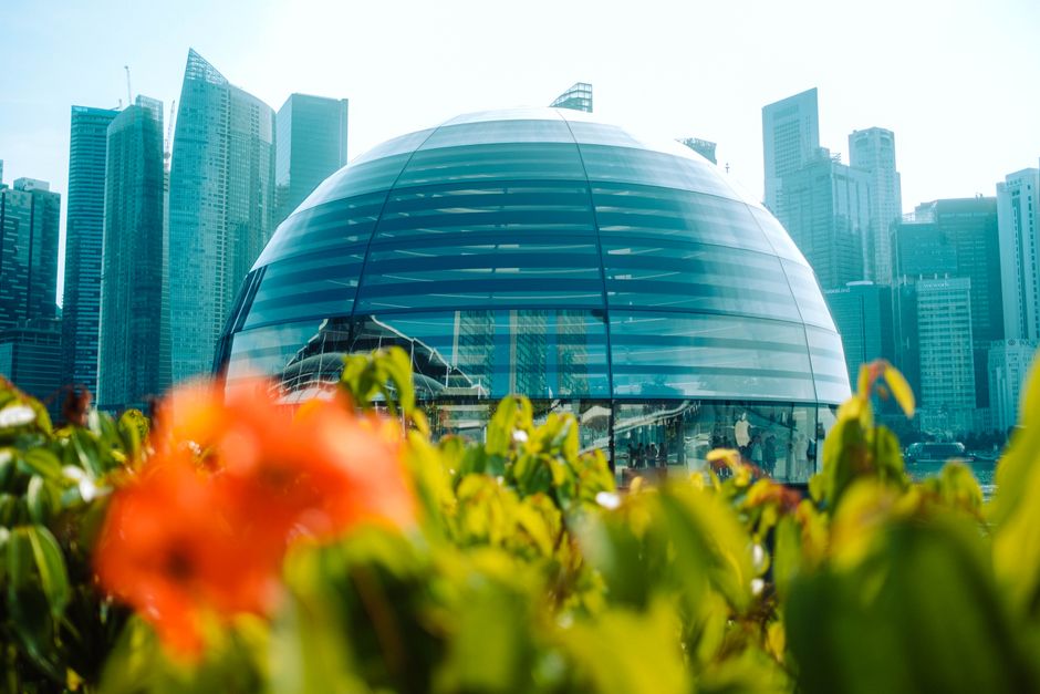 Vibrant view of Apple Marina Bay Sands with its iconic sphere and Singapore skyline in the background.